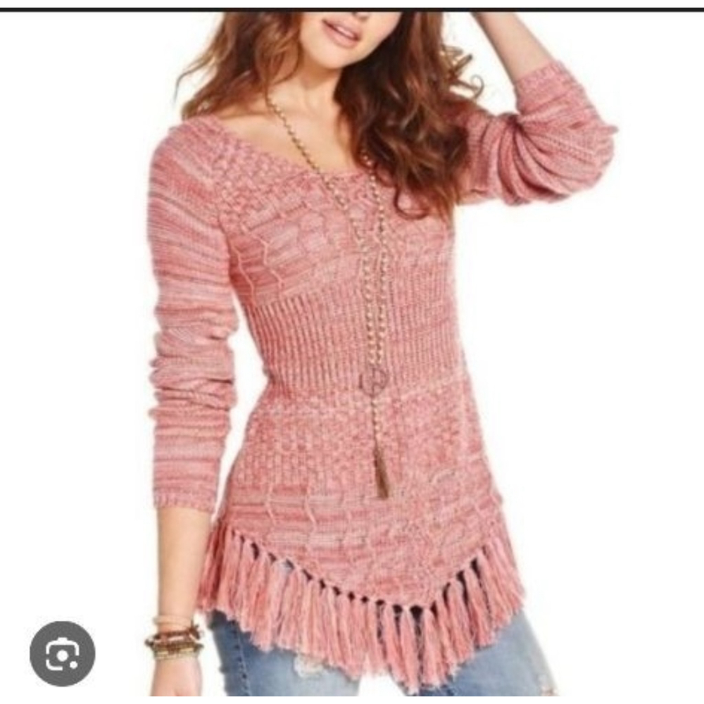 Women's Boho Y2K American Rag Crew Neck Sweater M Pink Beige Fringe Hem